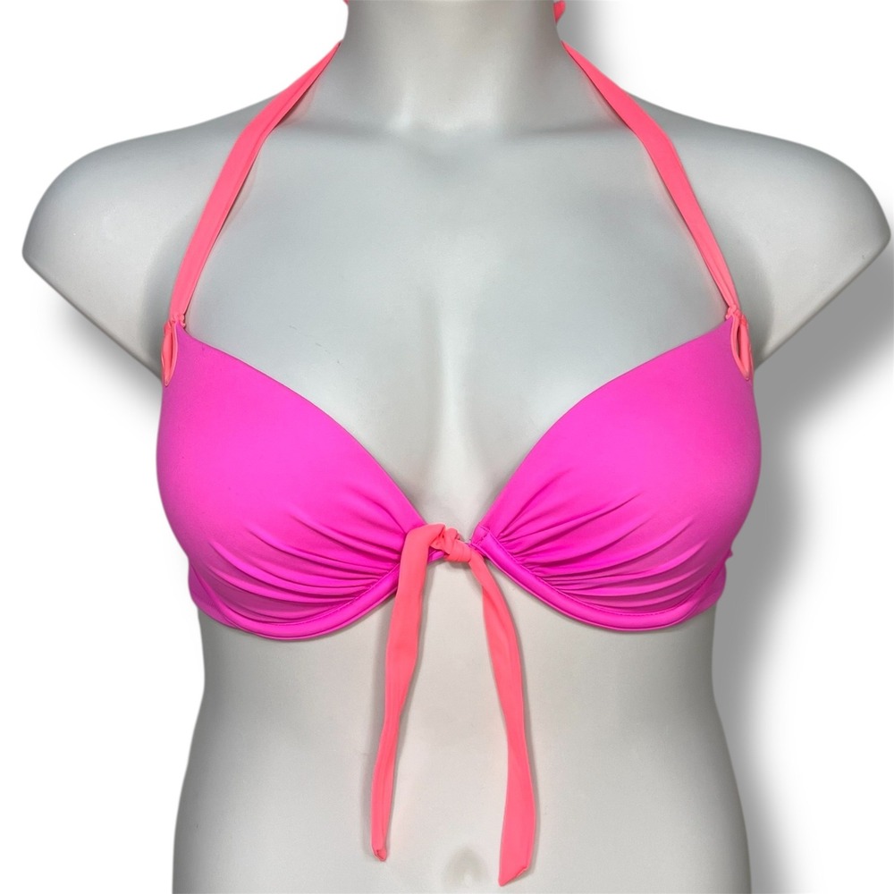Victoria's Secret 36D Pink Neon Halter Bikini Top Push Up Bra Swimsuit Orange‎